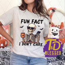 Load image into Gallery viewer, Cute fall outfit idea with Funny Skeleton Halloween t-shirt – coffee lover graphic tee