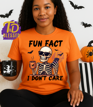 Load image into Gallery viewer, Fun Fact I Don’t Care Skeleton T-Shirt | Funny Halloween Graphic Tee | Spooky Season Coffee Shirt