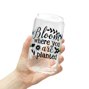 🦋 Clear Glass Can with Butterflies and Sunflowers – Inspirational Quote: "Bloom Where You Are Planted"
