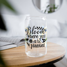 Load image into Gallery viewer, 🦋 Clear Glass Can with Butterflies and Sunflowers – Inspirational Quote: &quot;Bloom Where You Are Planted&quot;

