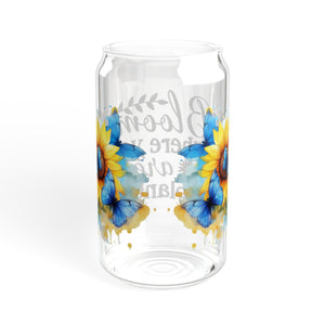 🦋 Clear Glass Can with Butterflies and Sunflowers – Inspirational Quote: "Bloom Where You Are Planted"