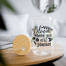 Load image into Gallery viewer, 🦋 Clear Glass Can with Butterflies and Sunflowers – Inspirational Quote: &quot;Bloom Where You Are Planted&quot;
