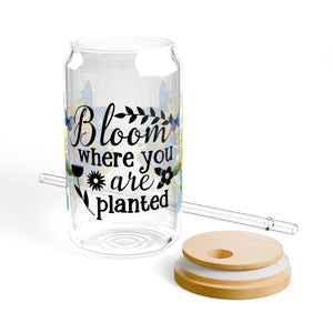 🦋 Clear Glass Can with Butterflies and Sunflowers – Inspirational Quote: "Bloom Where You Are Planted"