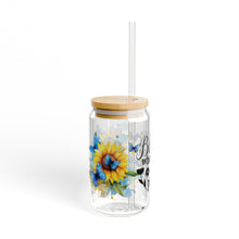 Load image into Gallery viewer, 🦋 Clear Glass Can with Butterflies and Sunflowers – Inspirational Quote: &quot;Bloom Where You Are Planted&quot;
