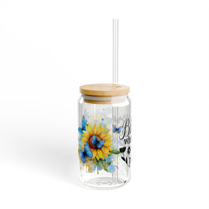 🦋 Clear Glass Can with Butterflies and Sunflowers – Inspirational Quote: "Bloom Where You Are Planted"