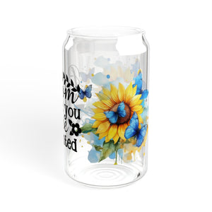 🦋 Clear Glass Can with Butterflies and Sunflowers – Inspirational Quote: "Bloom Where You Are Planted"