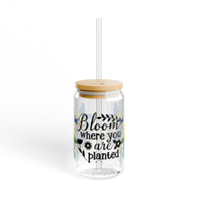 Load image into Gallery viewer, 🦋 Clear Glass Can with Butterflies and Sunflowers – Inspirational Quote: &quot;Bloom Where You Are Planted&quot;
