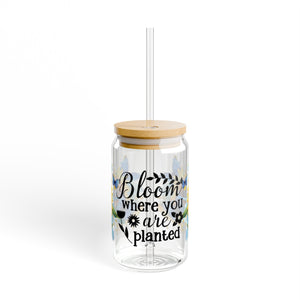 🦋 Clear Glass Can with Butterflies and Sunflowers – Inspirational Quote: "Bloom Where You Are Planted"