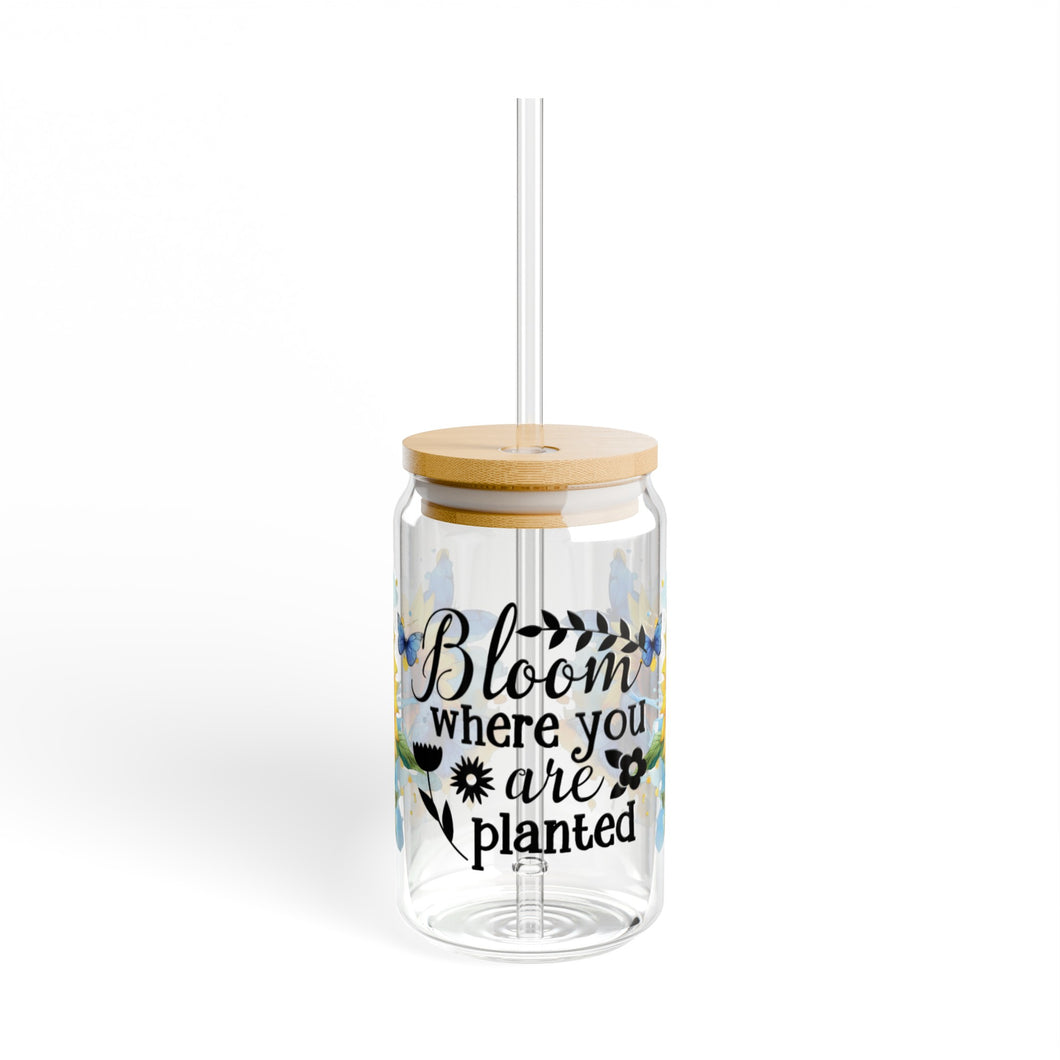 🦋 Clear Glass Can with Butterflies and Sunflowers – Inspirational Quote: 