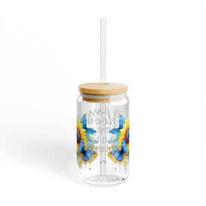 🦋 Clear Glass Can with Butterflies and Sunflowers – Inspirational Quote: "Bloom Where You Are Planted"