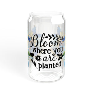 🦋 Clear Glass Can with Butterflies and Sunflowers – Inspirational Quote: "Bloom Where You Are Planted"