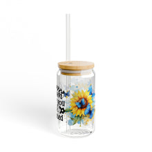 Load image into Gallery viewer, 🦋 Clear Glass Can with Butterflies and Sunflowers – Inspirational Quote: &quot;Bloom Where You Are Planted&quot;

