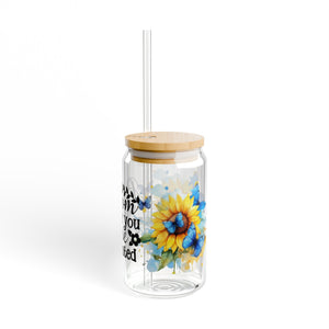 🦋 Clear Glass Can with Butterflies and Sunflowers – Inspirational Quote: "Bloom Where You Are Planted"
