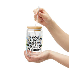 Load image into Gallery viewer, 🦋 Clear Glass Can with Butterflies and Sunflowers – Inspirational Quote: &quot;Bloom Where You Are Planted&quot;
