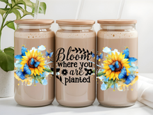 Load image into Gallery viewer, 🦋 Clear Glass Can with Butterflies and Sunflowers – Inspirational Quote: &quot;Bloom Where You Are Planted&quot;
