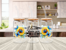 Load image into Gallery viewer, 🦋 Clear Glass Can with Butterflies and Sunflowers – Inspirational Quote: &quot;Bloom Where You Are Planted&quot;
