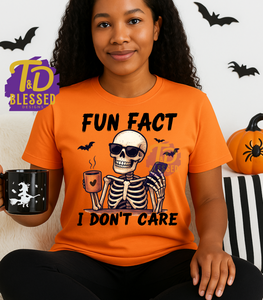 Fun Fact I Don’t Care Skeleton T-Shirt | Funny Halloween Graphic Tee | Spooky Season Coffee Shirt