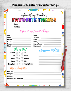 Printable Teacher Favorites List for Parents | Back to School, Teacher Appreciation Week, Class Gift Organizer PDF