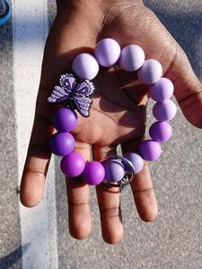 Purple Ombre Beaded Wristlet Keychain with Butterfly Charm
